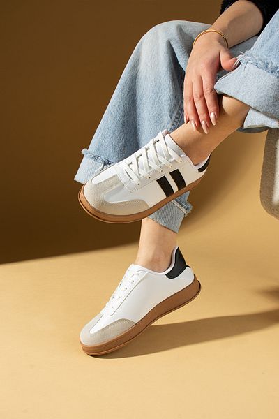 Pembe Potin Pantofi sport de damă, alb, negru, cu șireturi, cu talpă confortabilă zilnică