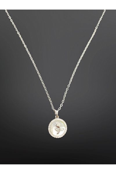 FM Elegant Flower Figured Stone Silver Color Antiallergic, 316L Steel Necklace - Minimalist and Stylish Design