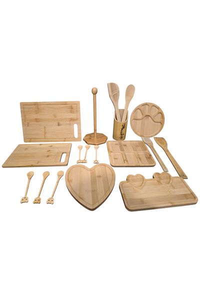 BuMeria 17 Piece Wooden Bamboo Dowry Set Breakfast, Snack, Cutting and Presentation Wooden Spoon Set