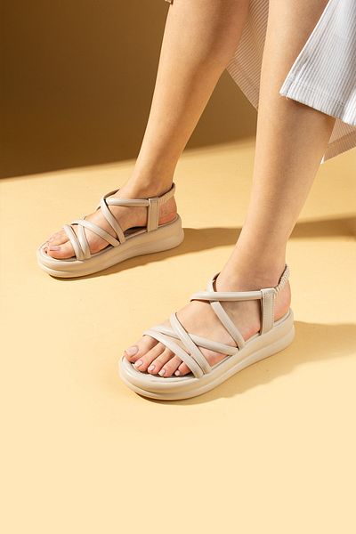Pembe Potin New Season Women's Beige Skin Banded Comfortable Poly Sole Stylish Daily Sandals