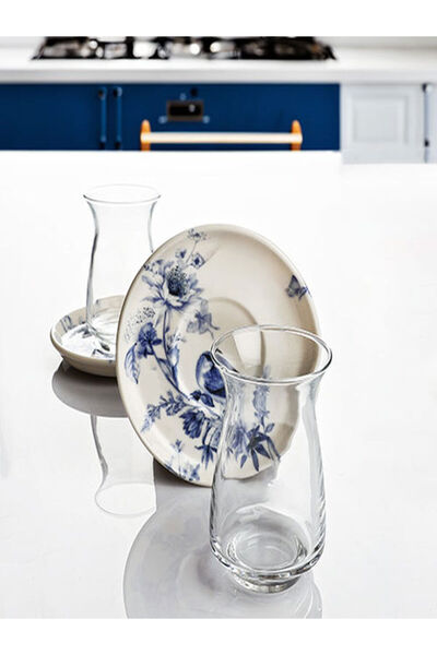 Kosova LÜKS İŞLEMELİ PORSELEN TABAKLI CAM 6 KİŞİLİK ÇAY TAKIMI ÇAY BARDAĞI SET