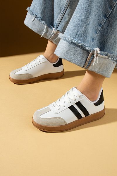 Pembe Potin Pantofi sport de damă, alb, negru, cu șireturi, cu talpă confortabilă zilnică