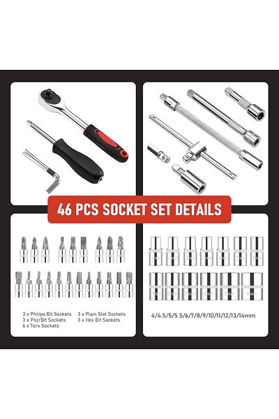 SCIENISH Car Repair Tool 46 Pieces, 1/4-in Socket Set for Car Repair