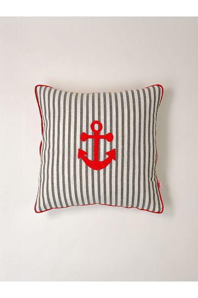 Galia Tasarım Ankora - Striped Anchor Washed Linen Punch Throw Pillow Cover