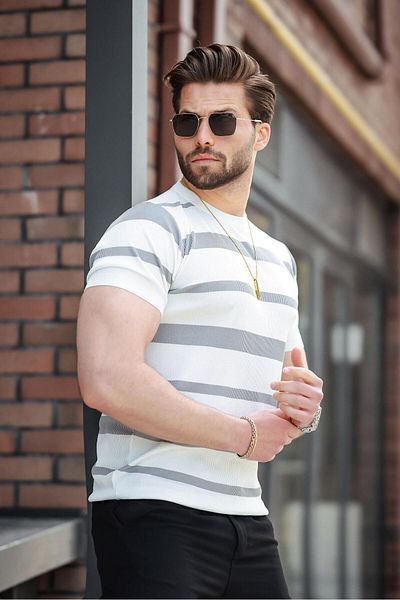 Madmext White Striped Crew Neck Knitwear T-Shirt E7414