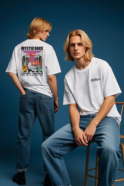 Vatkalimon Tricou alb unisex, 100% bumbac organic, supradimensionat, cu decolteu rotund