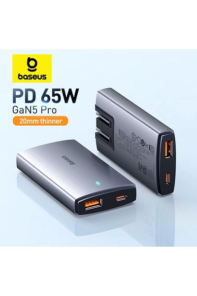 Baseus Gan5 Pro Ultra-slim Fast Charger C U 65w Uk/eu/us Adapter Plug With 100w Usb C Cable - Grey