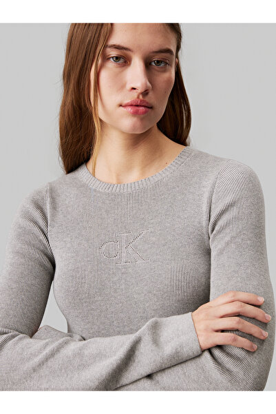 Calvin Klein Women Grey Heather Ribbed Cotton Flared Jumper Dress