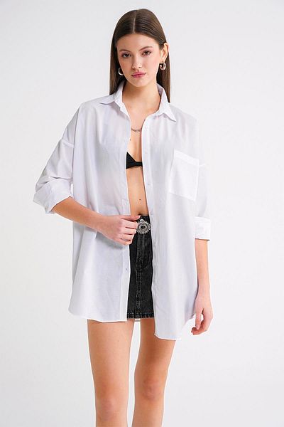 Mixray 4053 Γυναικείο πουκάμισο μονής τσέπης Oversize Basic Λευκό