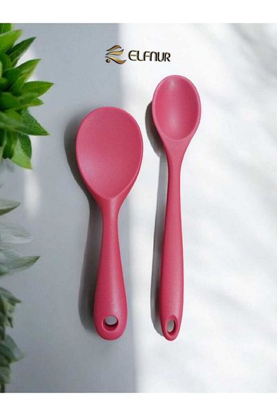 elfnur Silicone Long Spoon 28 cm and Short Spoon 22 cm / 2 Pieces Fireproof Non-Slip Cool