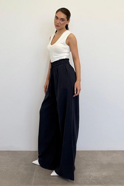 Madmext Navy Blue High Waist Wide Leg Trousers Mg2408