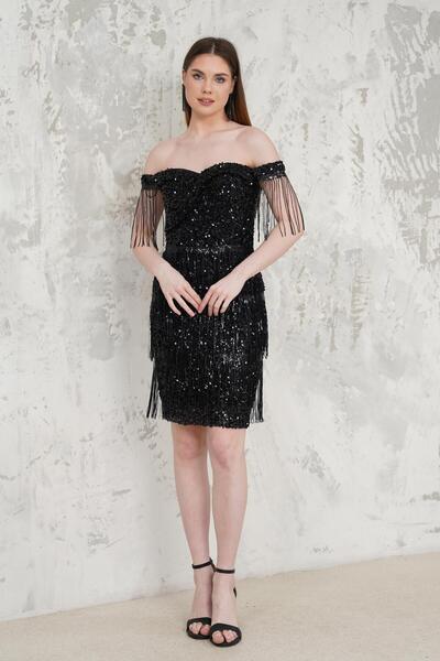 Livanomi Kayık Yaka Püsküllü Siyah Abiye Elbise