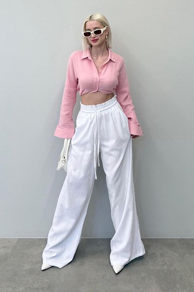Madmext White High Waist Wide Leg Pants Mg2408