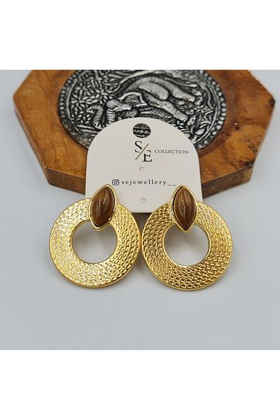 SE Jewellery Collection Selin Ersoy Gold Color Wooden Look Drop Stone Detailed Nail Earrings