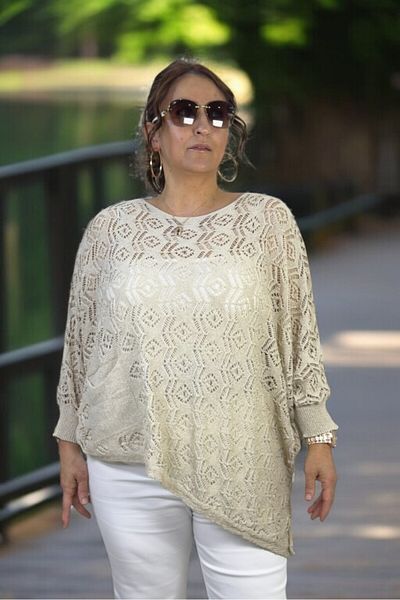 yagmurberen Crew Neck Asymmetrical Cut Openwork Single Pocket Italian Mercerized Large Size Blouse Sweater