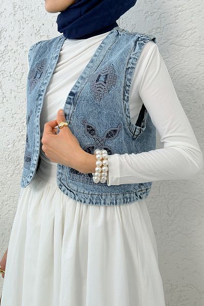 Salih Çelebi Embroidered Denim Vest 92030 - Blue