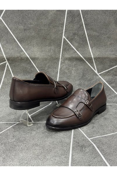 NYZ Brown Genuine Leather Double Buckle Classic Shoes