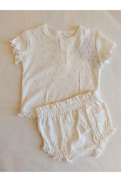 damdamin 100% Cotton Baby Girl Floral Patterned Placket Snap Fastener Short Drawstring Sleeve Tshirt & Elastic Shorts Set