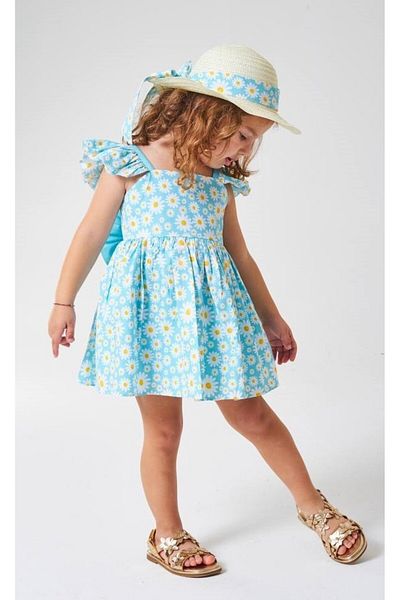 Pinkitokids Daisy Printed Girl's Dress-(Hat Included)-Blue