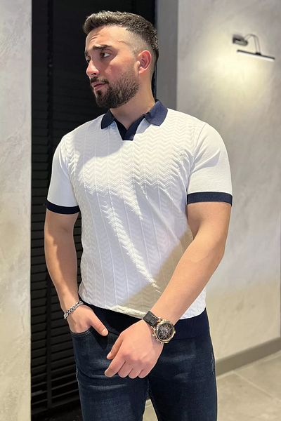 MİSHAR İTALİA Tricou alb cu guler polo pentru bărbați