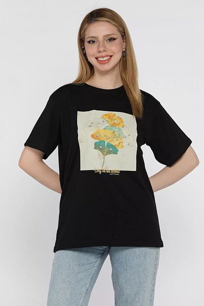 GÜLSELİ Tricou de damă cu gât negru cu imprimeu Stone