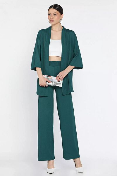 GÜLSELİ Emerald Green Women's Kimono Pants Double Set