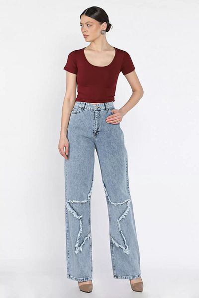 GÜLSELİ Pantaloni de damă Ice Blue cu talie înaltă, cu detaliu stea Palazzo Jean Jeans