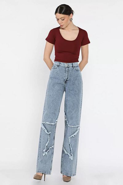 GÜLSELİ Pantaloni de damă Ice Blue cu talie înaltă, cu detaliu stea Palazzo Jean Jeans