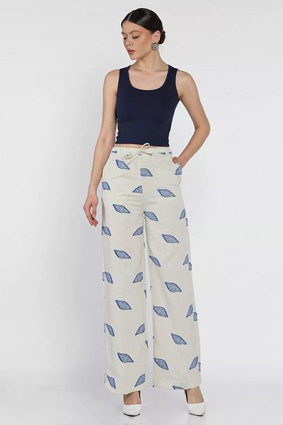 GÜLSELİ Stone Blue Women's Elastic Waist Embroidered High Waist Linen Trousers