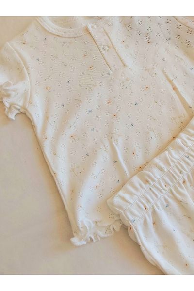 damdamin 100% Cotton Baby Girl Floral Patterned Placket Snap Fastener Short Drawstring Sleeve Tshirt & Elastic Shorts Set