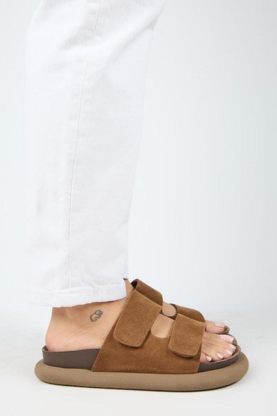 Manijero Lillo Women's Genuine Leather Double Velcro Tan Slippers