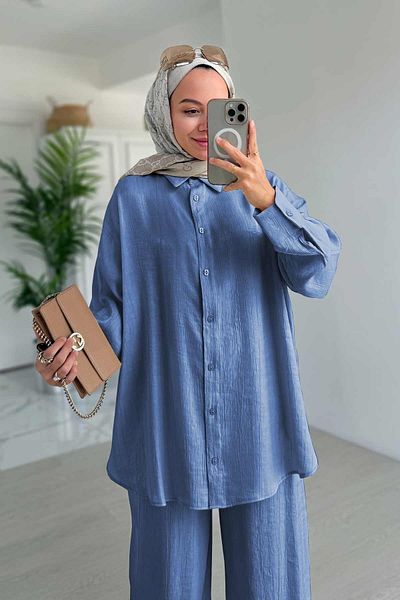 Ka Hijab Shiny Textured Loose Cut Double Suit - Navy Blue