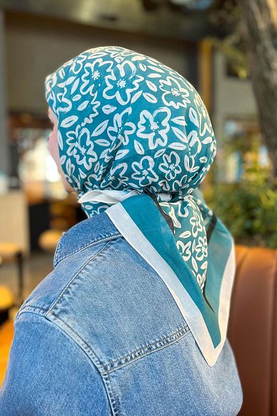 Sultan Eşarp Φουλάρι Sultan Fresh Cotton - Απλό μοτίβο λουλουδιών - SFE002-12 - Petrol Blue, Cream