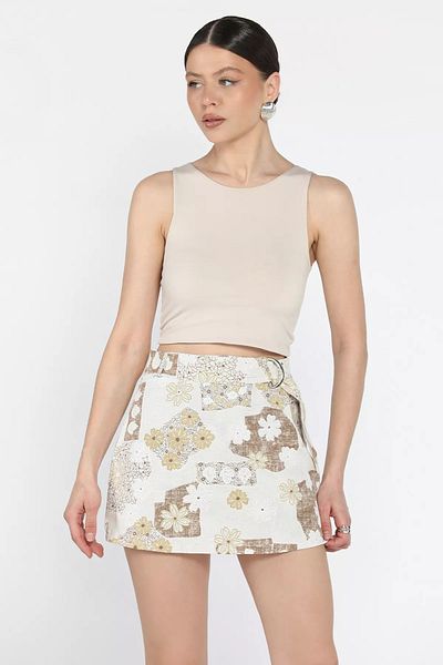 GÜLSELİ Stone Camel Women's Belt Detailed Patterned Linen Shorts Skirt