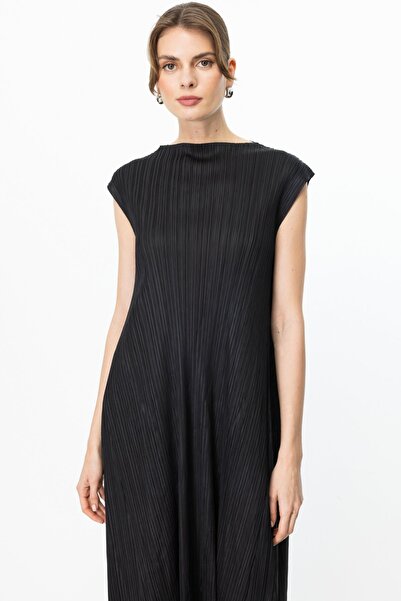 Ekol Akordiyon Kumaş Kolsuz Maxi Elbise