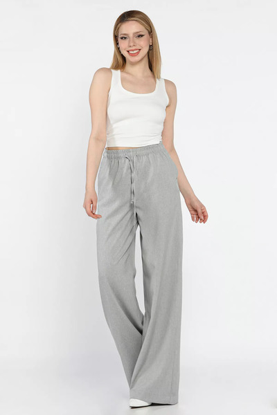 GÜLSELİ Gray Elastic Waist Lace up Wide Leg Women's Trousers