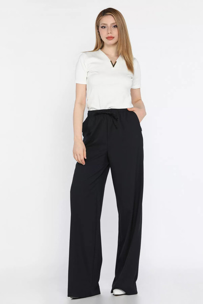 GÜLSELİ Dark Navy Blue Elastic Waist Lace up Wide Leg Women's Trousers