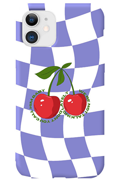 WANNA PROTECT iPhone 11 Lila İçi Kadife Dama Kiraz Desenli Silikon Telefon Kı...