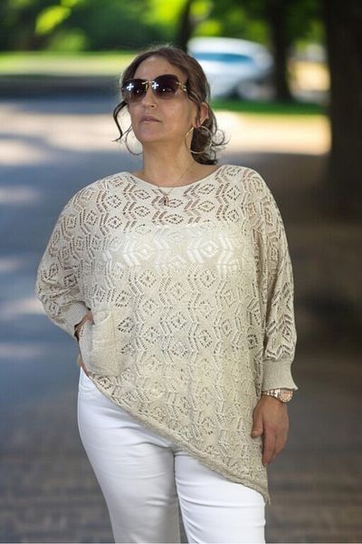 yagmurberen Crew Neck Asymmetrical Cut Openwork Single Pocket Italian Mercerized Large Size Blouse Sweater