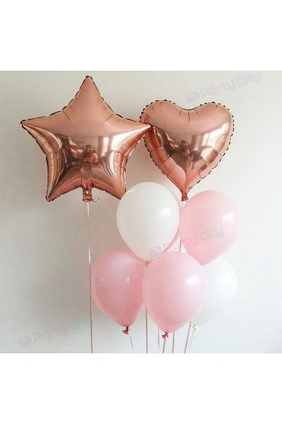 Party City Rose Gold Heart & Star Foil Balloon Set – Pink White Birthday Party Decorations (10 Pcs)