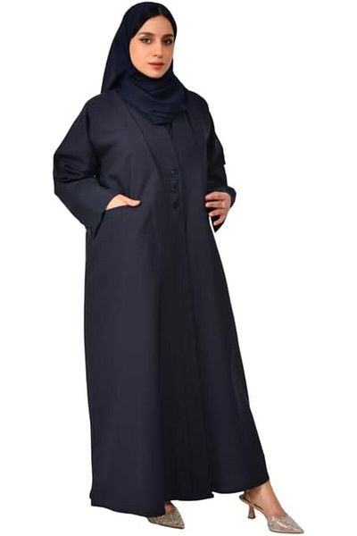 HAWRAA Navy Blue Open Abaya with Decorative Buttons
