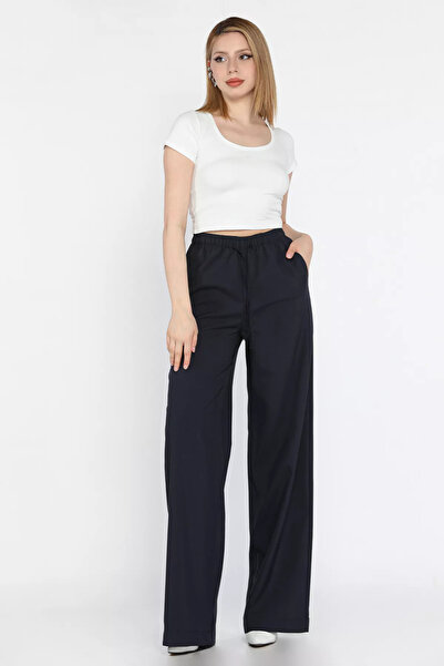 GÜLSELİ Navy Blue Elastic Waist Lace up Wide Leg Women's Trousers