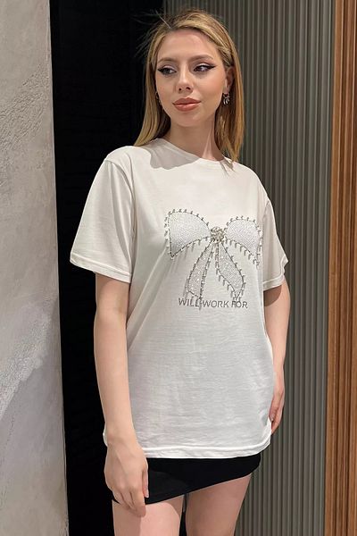 GÜLSELİ Γυναικείο T-Shirt Cream Ribbon Stoned Crew Neck