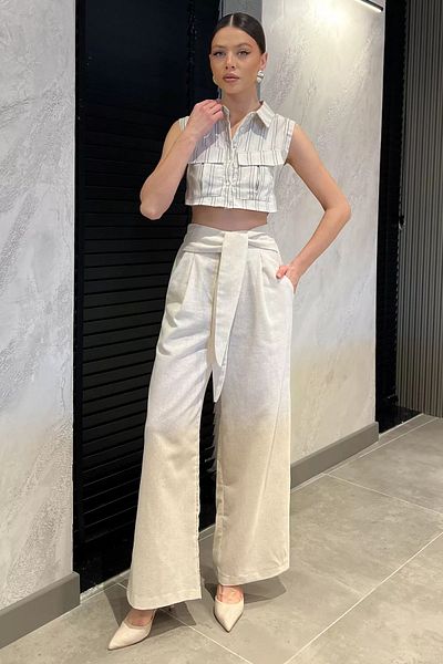 GÜLSELİ Stone Waist Tie Zippered Women's Linen Trousers