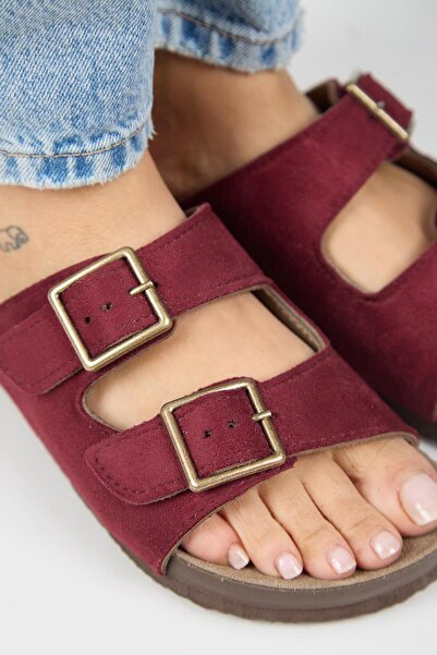 Manijero Vegan Violeta Women's Vegan Leather Vegan Leather Double Buckle Claret Red Slippers