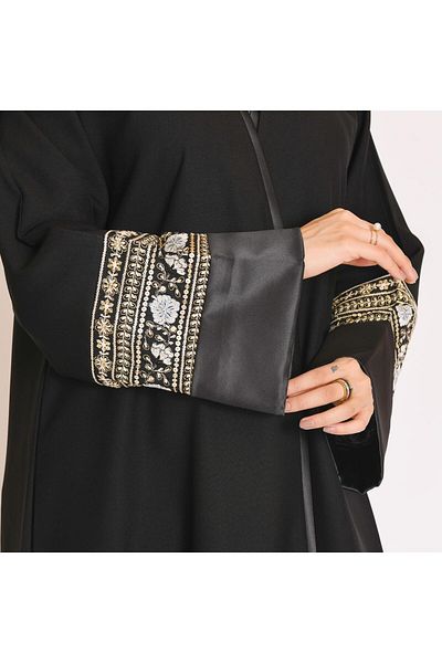 HAWRAA Black Wrap Abaya with Vibrant Sleeve Embroidery