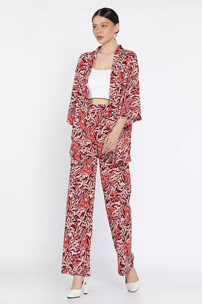 GÜLSELİ Burgundy Women's Patterned Kimono Pants Double Set