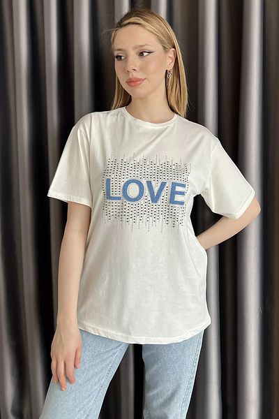 GÜLSELİ Γυναικείο T-Shirt Cream Love Stoned Crew Neck