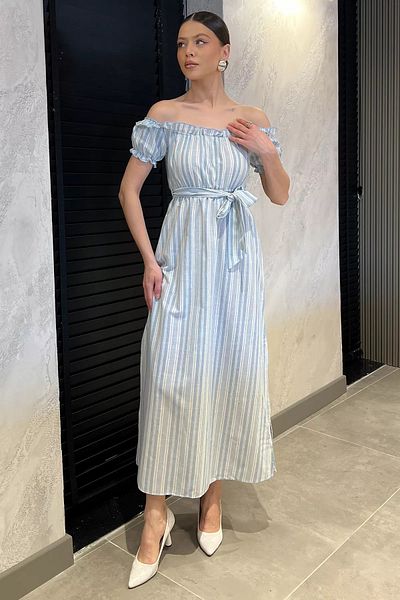 GÜLSELİ Rochie albastră pentru femei, cu mâneci și talie elastică, cu model în dungi, cu fante duble