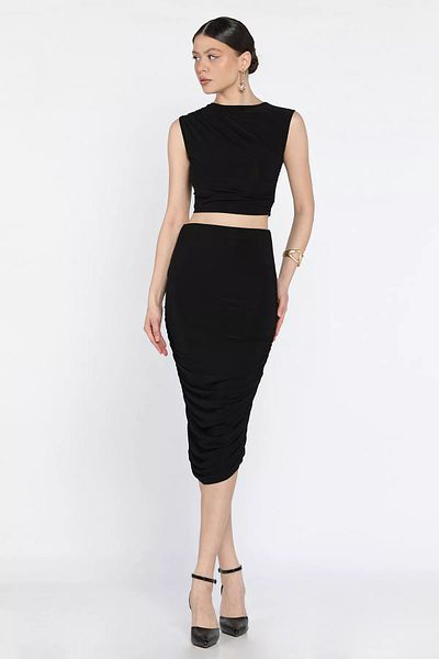 GÜLSELİ Black Women's Gather Detailed Lycra Skirt Blouse Double Set